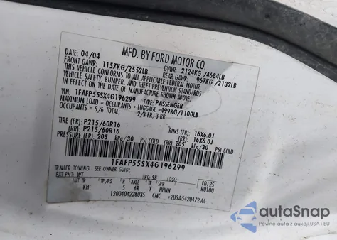 2004 Ford Taurus Ses z USA, uszkodzony, nr VIN 1FAFP55SX4G196299